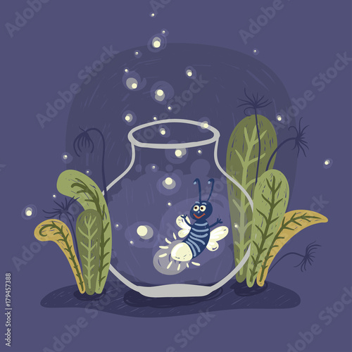 Cartoon firefly in the jar, vector illustration