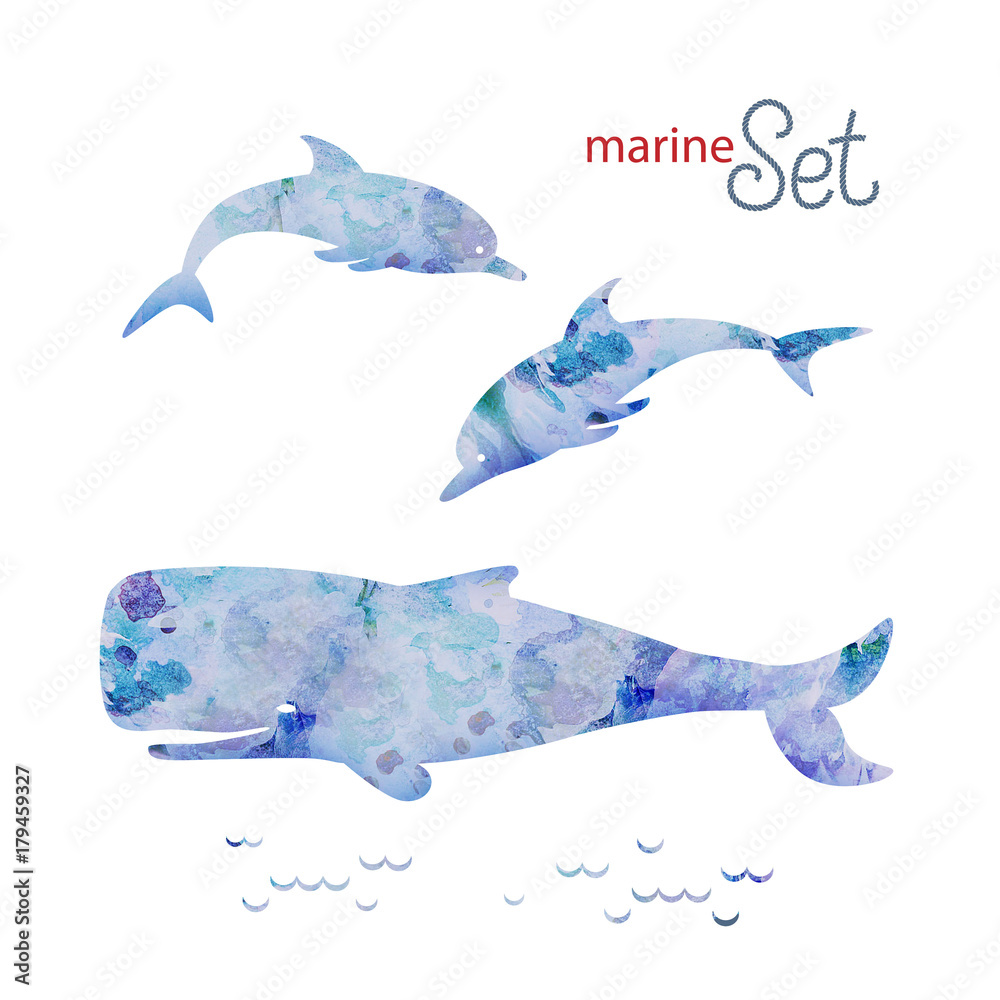 Naklejka premium decorative set of marine animals dolphins and whale