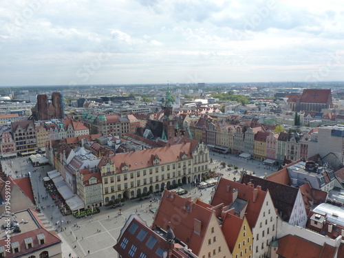 Wroclaw skyline with beautiful colorful historical houses of the Old Town, aerial view from the viewing terrace of the Saint Elizabeth