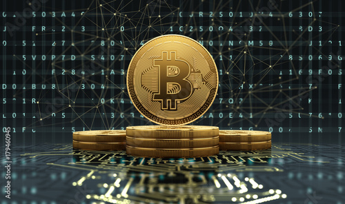 Golden bitcoins standing on circuit board, cryptocurrency concept. 3d illustration.