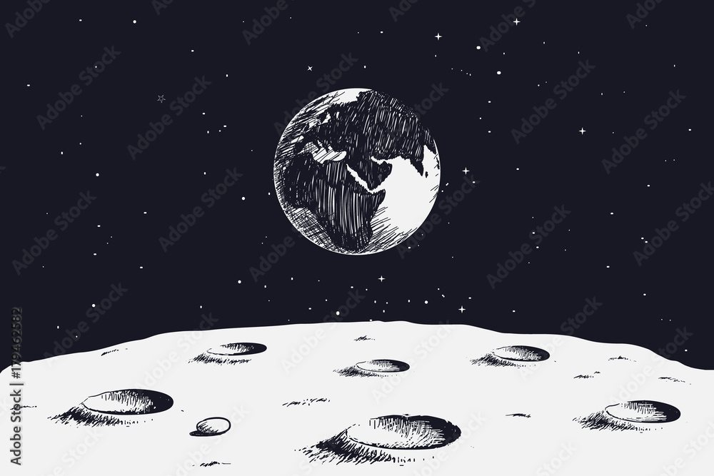 Naklejka widok z powierzchni Księżyca na Ziemię. Ręcznie rysowane ilustracji wektorowych