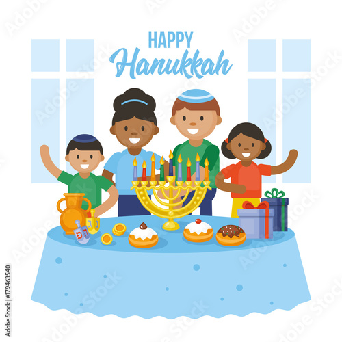 Jewish family celebrating Hanukkah holiday