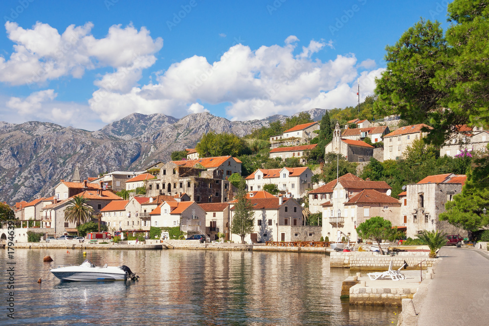 View of old town of Perast on a sunny autumn day. Bay of Kotor, Montenegro