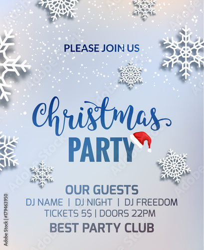 Christmas party poster invitation decoration design. Xmas holiday template background with snowflakes