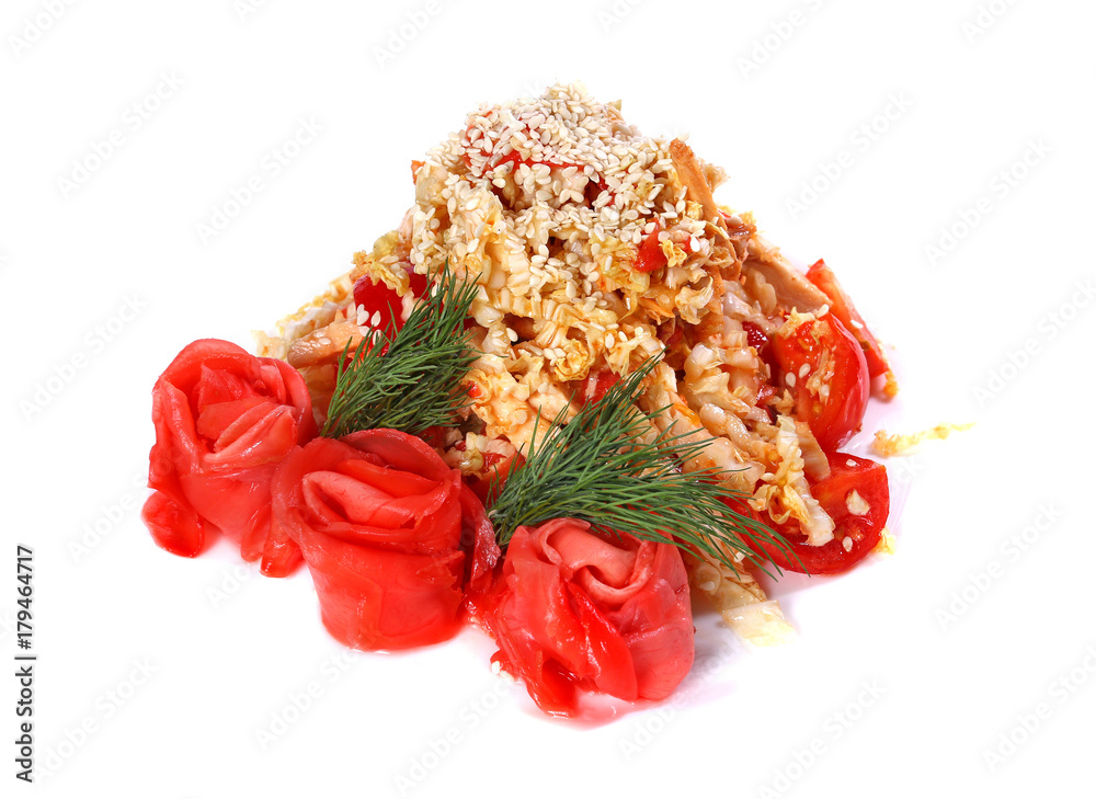Salad of chicken, ginger, cherry tomatoes and sesame seeds Salad of chicken, ginger, cherry tomatoes and sesame seeds