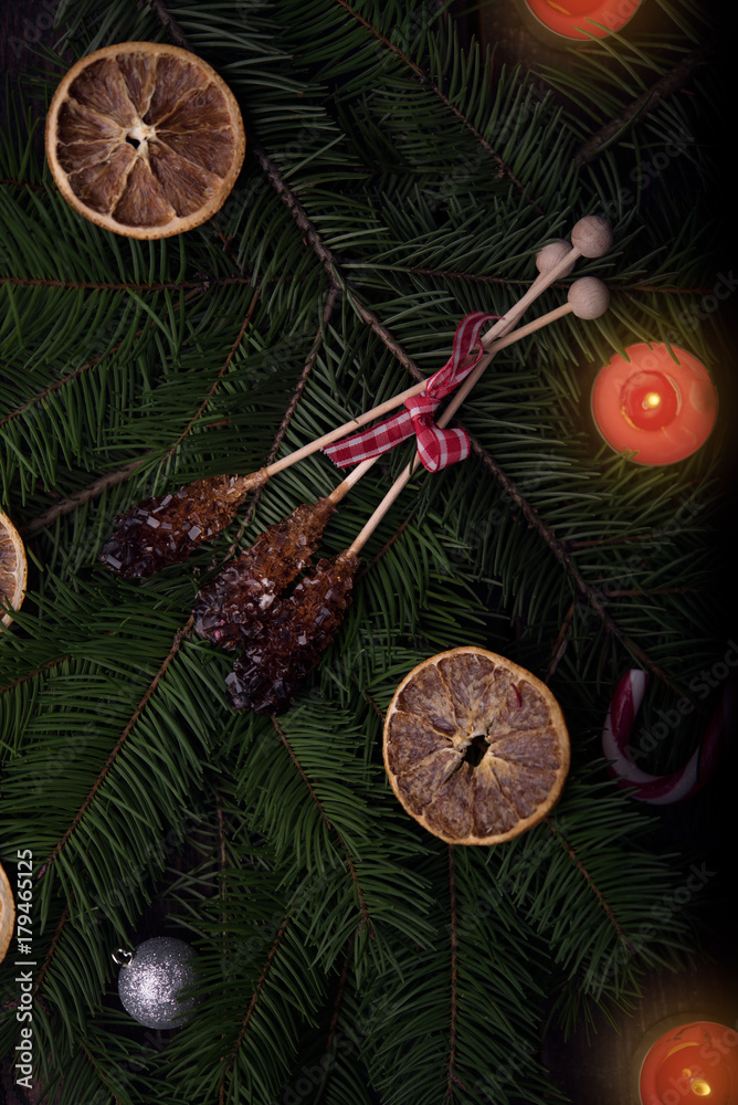 Dark christmas background with poppy seed cake Dark christmas background with poppy seed cake