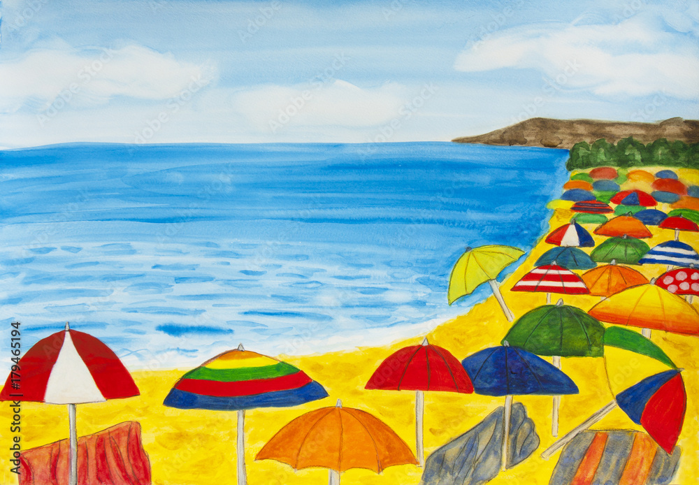 Beach umbrellas and sea