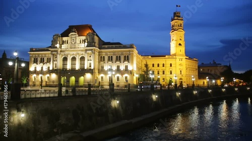 View of Oradea City Hall and river Crisul Repede in night, Romania
 photo