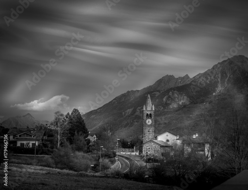 church with belltower in black and white