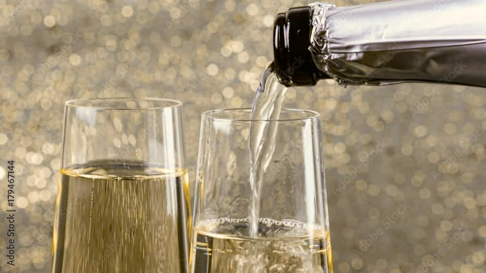 filling flutes of champagne with golden bubbles against gold bokeh background, concept of golden luxury holiday happy new year event