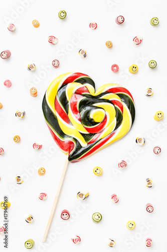 Valentines day of lollipops, candy pattern, top view flat lay