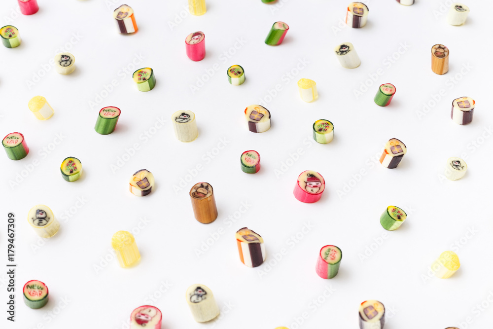 happy new year lollipops, candy pattern, top view flat lay happy new year lollipops, candy pattern, top view flat lay