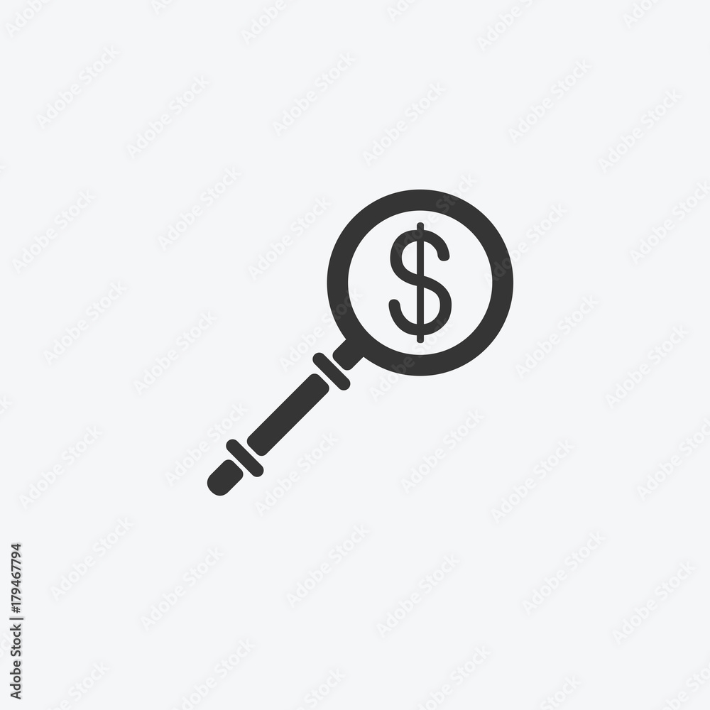 Icon graphic Lupa Lens brings money closer. Black and white pictogram for web design. Vector flat illustrations, logo Icon graphic Lupa Lens brings money closer. Black and white pictogram for web design. Vector flat illustrations, logo
