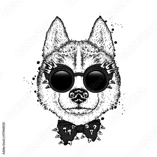 A beautiful dog with glasses and a bow tie. Vector illustration. Purebred puppy in clothes and accessories. Husky.