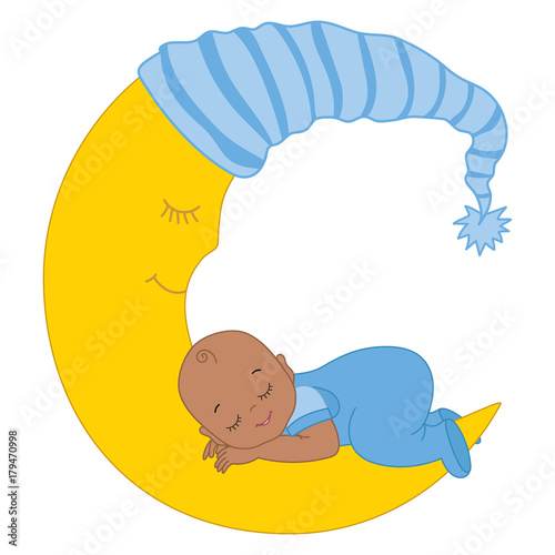 Vector Cute African American Baby Boy Sleeping on the Moon