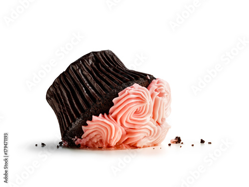 Accident, dropped and smashed cupcake isolated on white