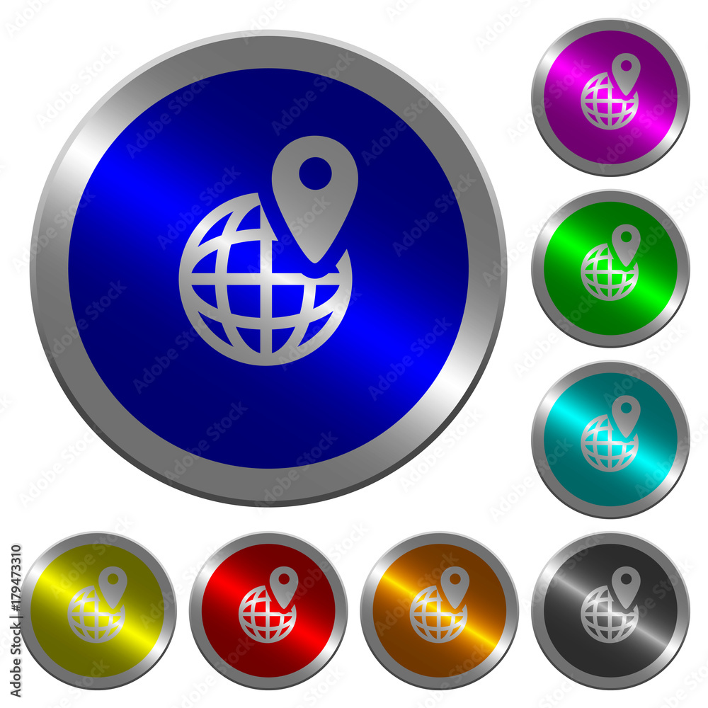 GPS location with globe symbol luminous coin-like round color buttons GPS location with globe symbol luminous coin-like round color buttons