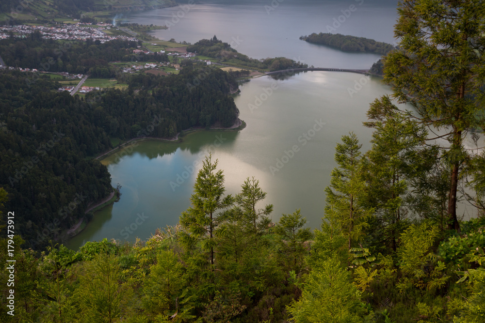 View of twin lake Sete Cidades in volcanic crater near Ponta Delgada in Sao Miguel, Azores, Portugal. 