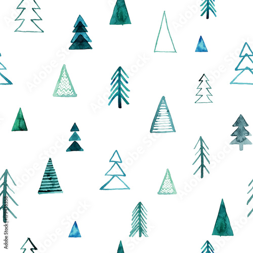 Seamless watercolor forest pattern. Green trees on white background. Abstract watercolor illustration. Can be used for pattern fills, wallpapers,texture of fabric, surface textures.