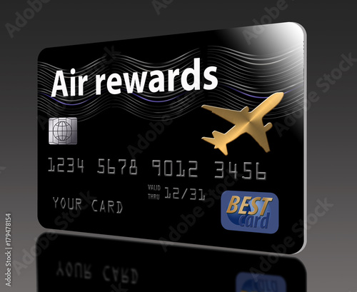 Air miles, air rewards, travel rewards credit card with airplane design. photo