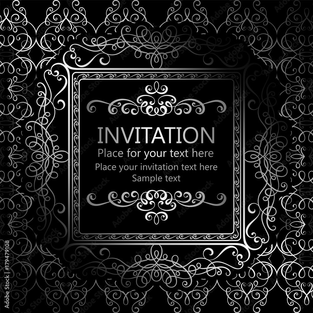 Abstract background with calligraphic luxury silver flourishes and vintage frame, victorian banner,wallpaper ornaments, invitation card, baroque style booklet, fashion pattern, template for design.