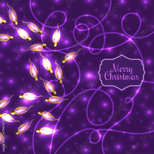 Colorful Glowing Christmas Lights on violet background.Vector elements can be used as backdrop for new Year decoration or in card design. 