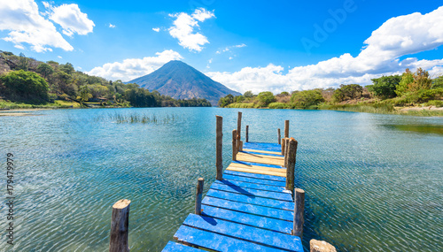 Beautiful bay of Lake Atitlan with view to Volcano San Pedro  in highlands of Guatemala, Central America © Simon Dannhauer
