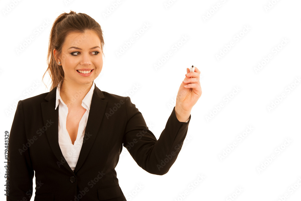 woman writing on transparent board isolated over white background woman writing on transparent board isolated over white background