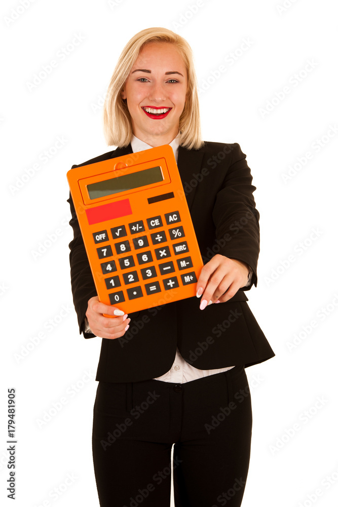 attractive accountant - beautiful blonde business woman hlding a calculator isolated over white attractive accountant - beautiful blonde business woman hlding a calculator isolated over white