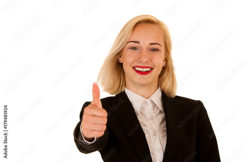 attractive business woman gesture success with thumb up isolated over white background attractive business woman gesture success with thumb up isolated over white background