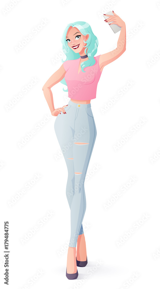 Pretty young woman taking selfie photo. Isolated vector illustration. Pretty young woman taking selfie photo. Isolated vector illustration.