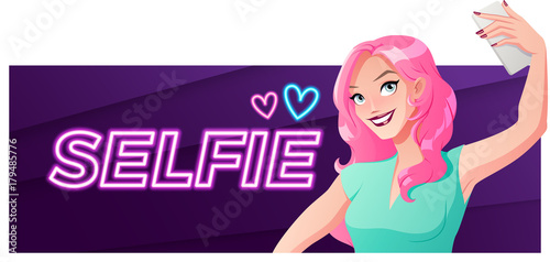 Pretty young woman taking selfie photo. Vector banner.