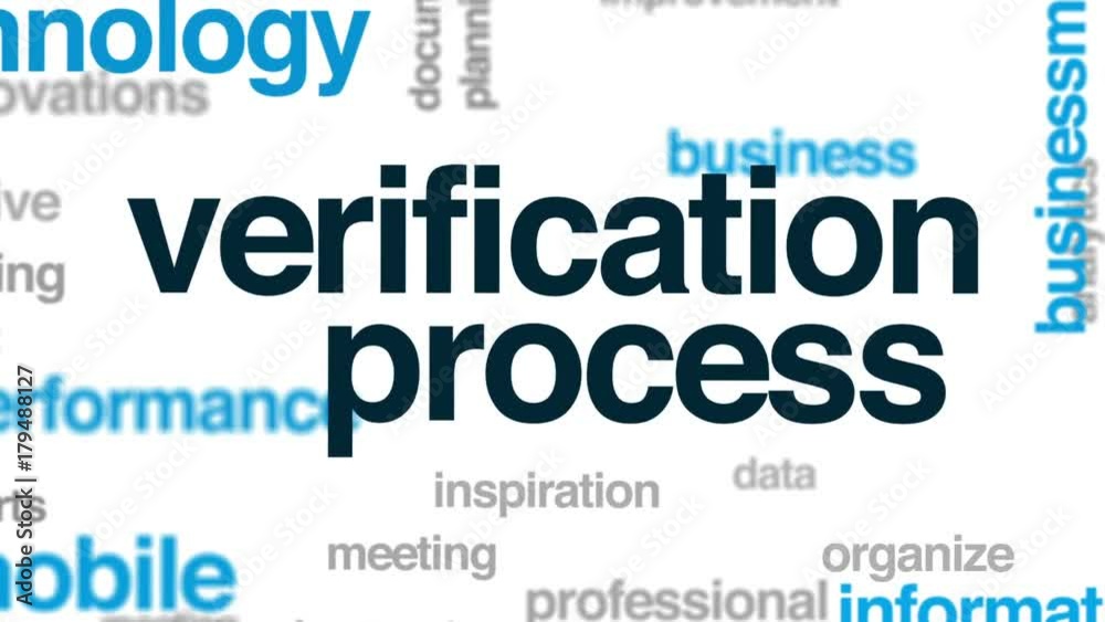 Verification process animated word cloud, text design animation. Verification process animated word cloud, text design animation.