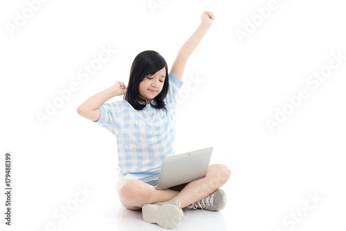 Asian girl with laptop, isolated on white background © lalalululala