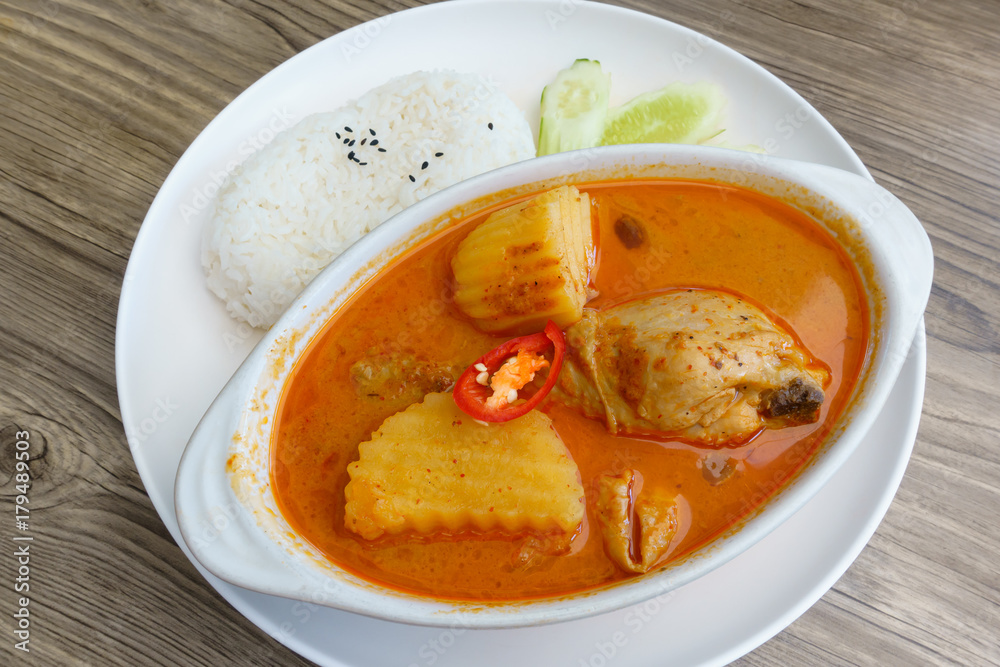Chicken mussaman curry famous delicious Thai food with rice Chicken mussaman curry famous delicious Thai food with rice