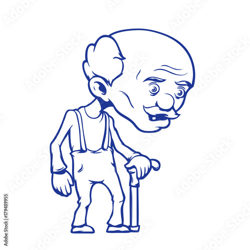 Grandfather standing with stick. Hand drawn cartoon vector illustration, eps 10.