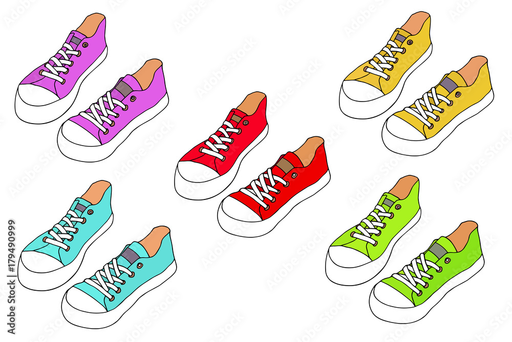 Various converse shoes. Hand drawn fashion vector set. Red, blue, yellow,  green, pink shoes. Stock Vector | Adobe Stock