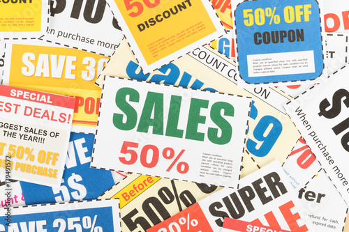 Saving discount coupon voucher, coupons are mock-up