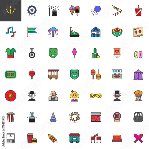 Circus filled outline icons set, line vector symbol collection, linear colorful pictogram pack isolated on white. Signs, logo illustration, web vector graphics