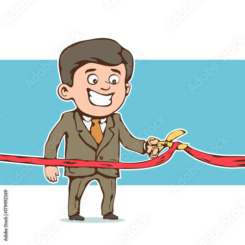 Businessman cuts a red ribbon. Vector illustration, eps 10.