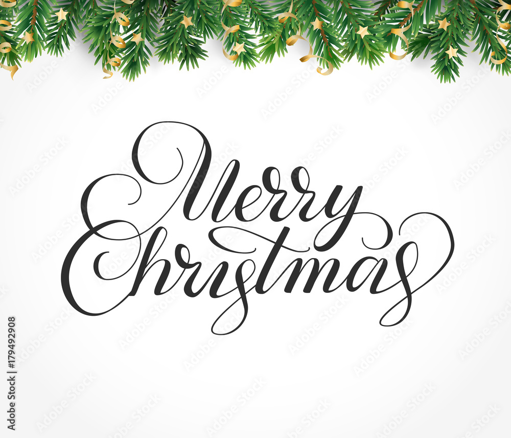 Fototapeta premium Merry Christmas hand written lettering. Winter holiday background. Fiesta border with fir tree branches and ornaments.