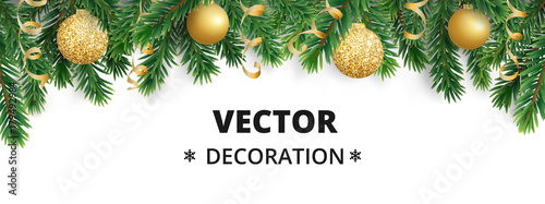 Winter holiday background. Border with Christmas tree branches. Garland, frame with hanging baubles, streamers