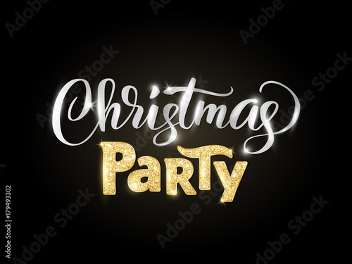 Christmas party hand written lettering on black background. Sparkling glitter golden typography.