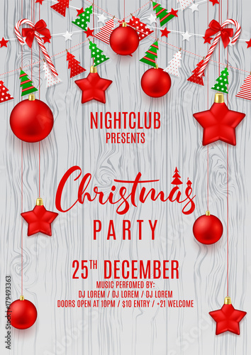 Festive Flyer for Merry Christmas Party. Beautiful Decoration with Color Garlands, Xmas Balls and Candy Canes. Happy New Year Elegant Card. Vector Illustration. Invitation to nightclub.