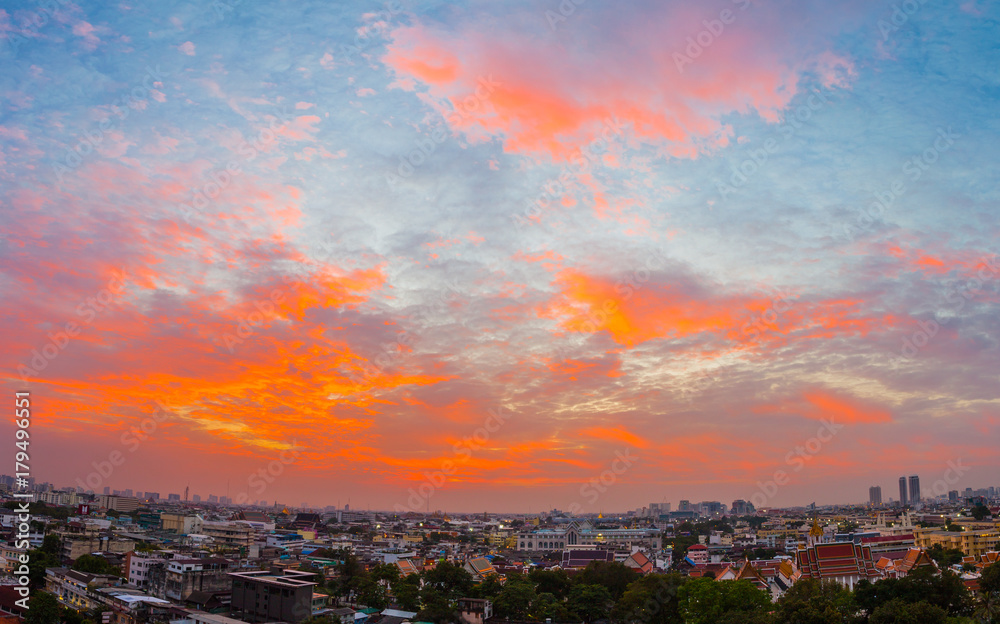  red sunset at Wat Pha Kaew temple of emerald Buddha and Grand Palace.