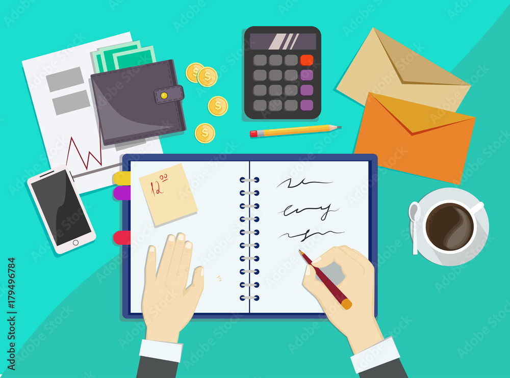 Office workplace with different items. Vector illustration.