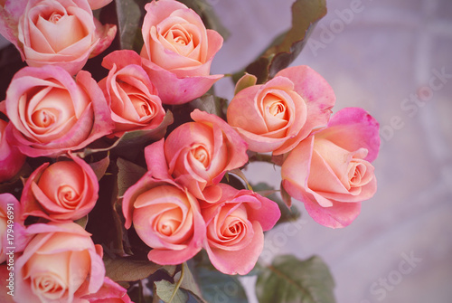 Bunch of pink peach roses bouquet with copy space.
