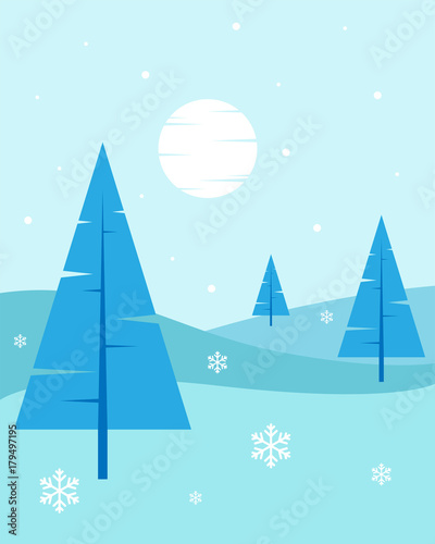 Winter Landscape - Flat, New Year, Vector Illustration