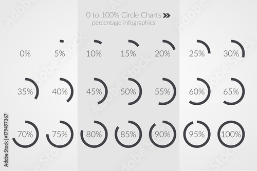 Percentage vector infographics. 0 5 10 15 20 25 30 35 40 45 50 55 60 65 70 75 80 85 90 95 100 percent pie chart symbols. Circle diagrams isolated. Illustration for business project, web design
