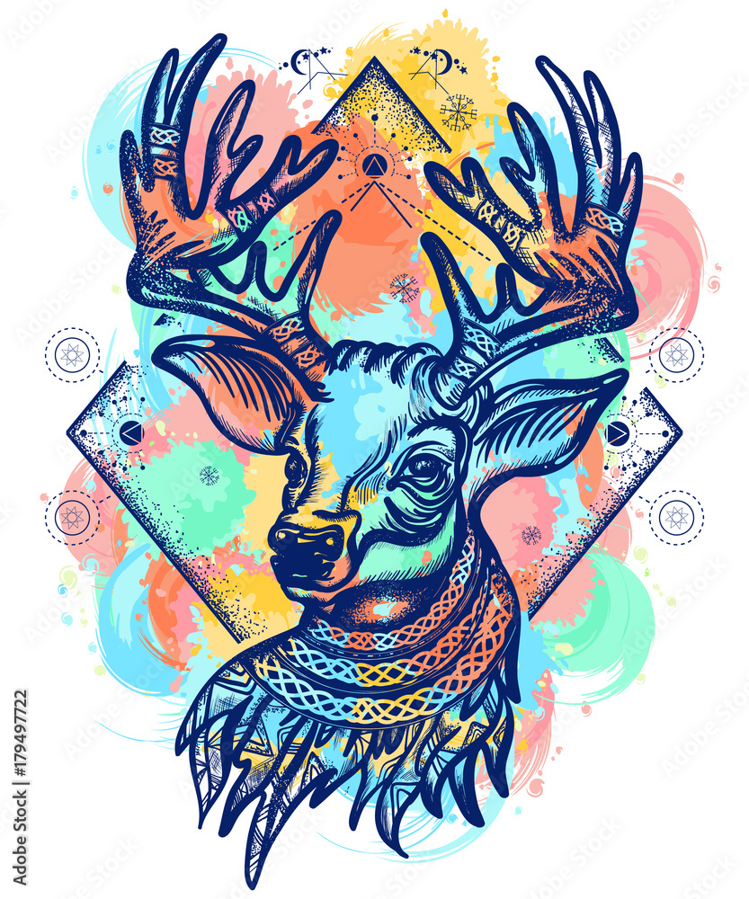 Deer color tattoo and t-shirt design. Christmas reindeer. Symbol of winter, new year, Christmas. Beautiful reindeer portrait water color splashes tattoo art